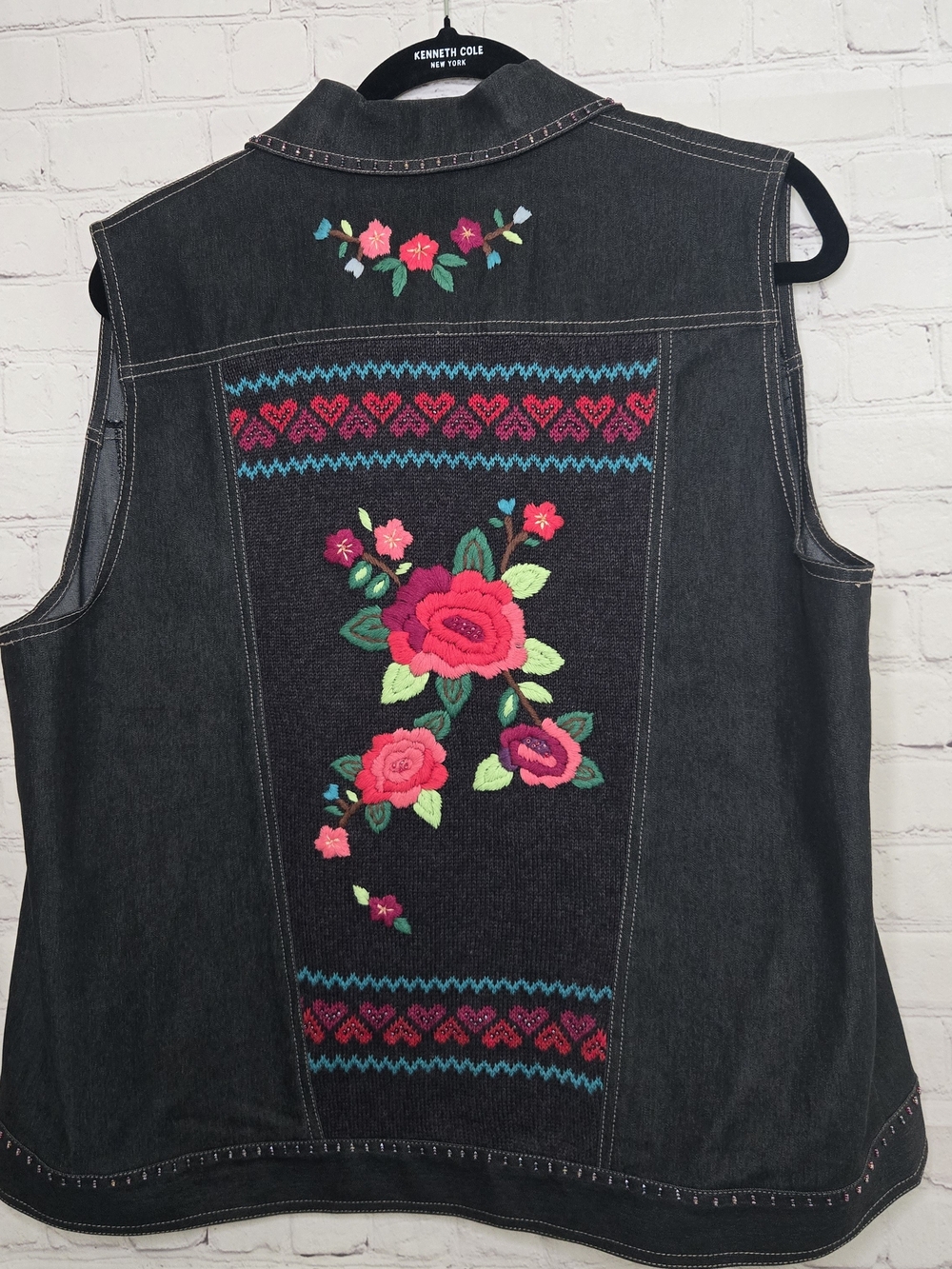 Alfred Dunner Floral Embroidered Beaded Black Denin Vest Sz L Boho CottageCore